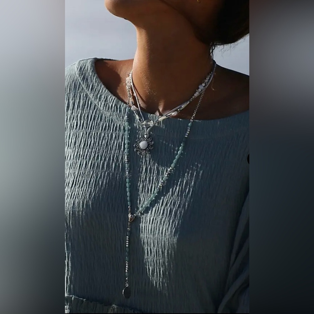 Free People One With The Sun Blue Layered Necklace Sunburst Pendant Beaded Chain - Picture 3 of 13